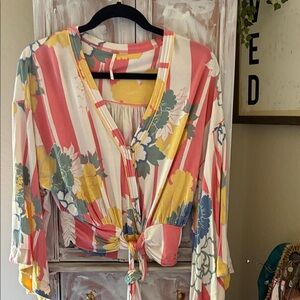 Free People Multicolor Floral Tie-Front Blouse